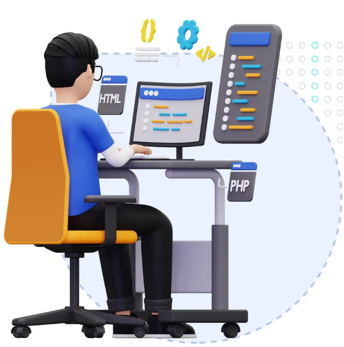 a cartoon character sitting at a desk with computer screens